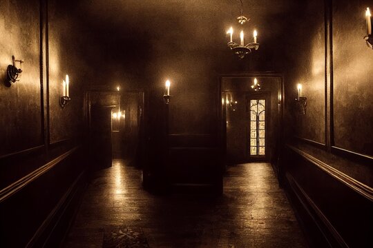 Dark Victorian style hall interior design illustration