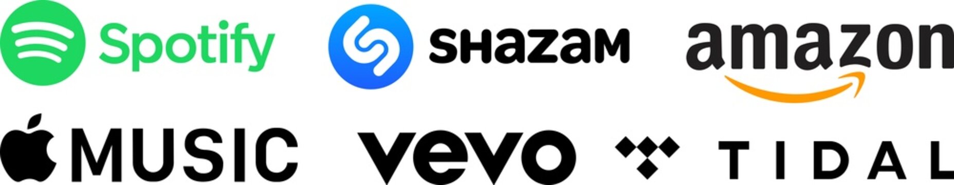 Apple Music, Spotify, Vevo, Shazam, Amazon, Tidal - a set of logos for popular music streaming services. Vector logos on transparent background for your design. PNG image