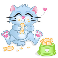 Kitten eats cookies and next to him is bowl. Cat holds food in its paws and chews. Animal smiles. Baking in the shape of fish. Fluffy cute character for printing on products for pets, children or vet.