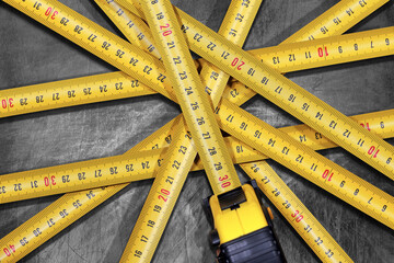 Large group of yellow and orange tape measures on a silver metal background with shadows....