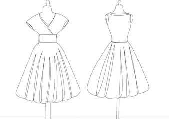 dresses drawing by one continuous line, vector