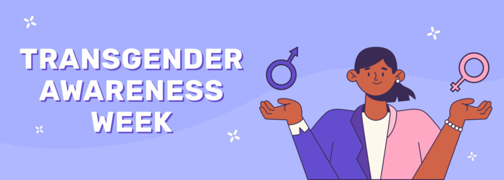 Transgender awareness week banner. Gender transition. Person half woman and half man. Vector illustration in flat style. Concept of gender identity and transgenderness.