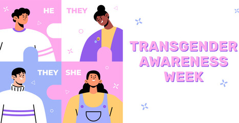 Transgender awareness week banner. Diverse group of transgender people. Vector illustration in flat style. Concept of gender identity and transgenderness. Gender pronouns, he, she, they - obrazy, fototapety, plakaty