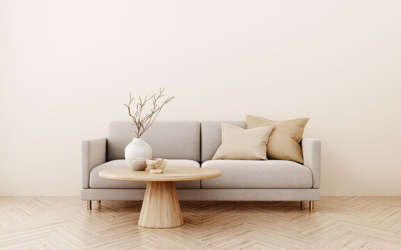 Warm beige living room Interior mockup with gray sofa, pillows and decoraten coffee table on empty wall background. 3d illustration, 3d rendering