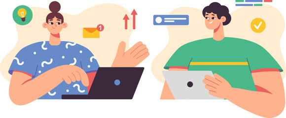 Teamwork in office, online call. Corporate group of people working on laptop, tablet. Employees, coworkers discuss a new project, generate ideas, talk, barinstorm, creative team. One on one meeting