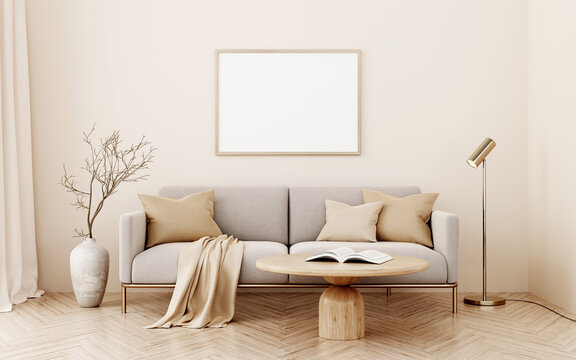 Horizontal frame template in decorated warm neutral interior with sofa, cushions, tree branch, coffee table and beige wall background. 3d illustration, 3d rendering