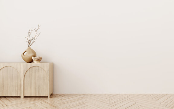 Warm beige living room interior wall mockup with wooden sideboard and branch in vase on epmty background with free space. 3d illustration, 3d rendering