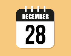 28 day december icon. Black and white december month calendar vector on orange background.