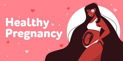 African pregnant woman holds her belly. Happy pregnancy and motherhood banner, place for text. Fetus in the womb. Happy mother's day poster. Flat vector illustration. Maternity, ultrasound diagnostic