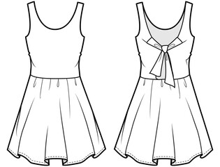 womens sleeveless skater dress with tie back details fashion flat sketch vector illustration front and back view technical drawing template. cad mockup. © SQB Creation 