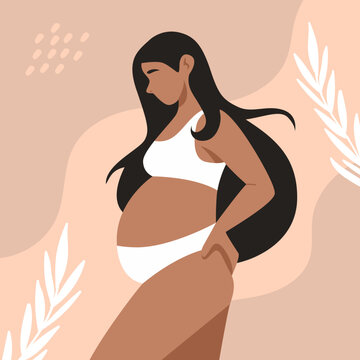 African pregnant woman holds her tummy. Healthy pregnancy. Motherhood. Happy Mother's Day. Flat minimalistic vector illustration. Poster with leaves background. Pregnant belly side view