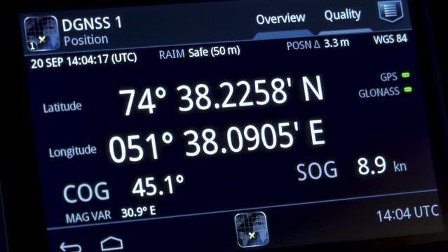 GPS screen: longitude and latitude. Coordinates of vessel on display. Satellite navigation systems on a marine ship.