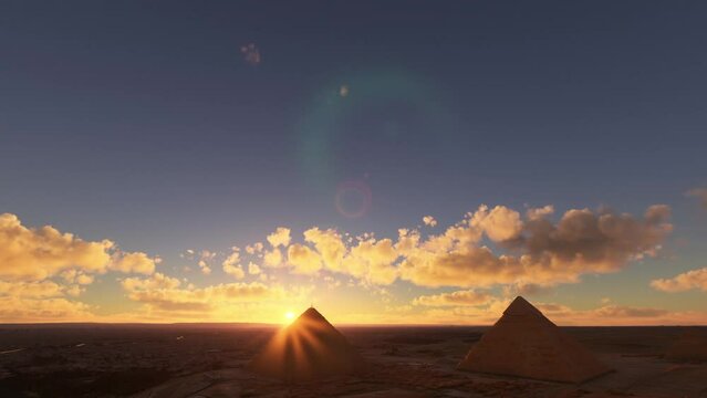 Side aerial view of Pyramids of Giza, Pyramids of Giza at sunset in Egypt