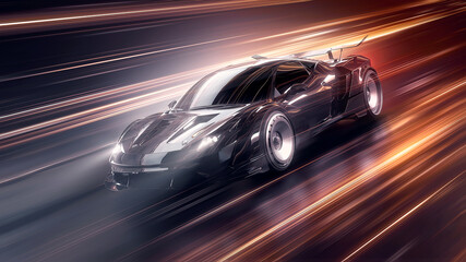 Obraz na płótnie Canvas Speeding Sports Car On Neon Highway. Powerful acceleration of a supercar on a night track with colorful lights and trails. 3d render