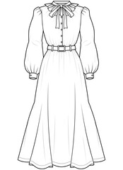 womens bishop sleeve belted waist bow neck dress fashion flat sketch vector illustration. long sleeve maxi dress technical drawing template. cad mockup.
