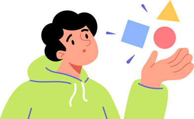 Confused creative man choose of three options. Difficult choice between ways. Solve business problem, lifу dilemma, brainstorm. Alternatives or opportunities. Сompare two options. Vector illustration