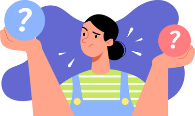 Confused woman choose of two options. Difficult choice between two ways. Solve business problem, lifу dilemma. Alternatives or opportunities. Сompare two options. Vector illustration