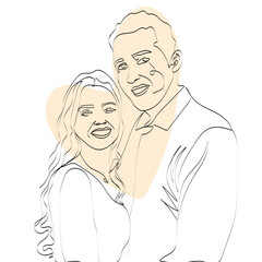 Couple portrait one line artwork illustration with white background, for wedding, invitations, social media , avatar , continuous line art, male and female, portraits