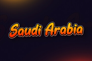 Country Name Saudi Arabia Typography on Dark Background: Design Illustration in Creative Hand drawn style with Yellow and Orange Gradient. Used for welcoming, touring, or independence day celebration