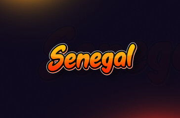 Country Name Senegal Typography on Dark Background: Design Illustration in Creative Hand drawn style with Yellow and Orange Gradient. Used for welcoming, touring, or independence day celebration