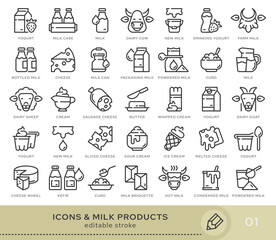 Set of conceptual icons. Vector icons in flat linear style for web sites, applications and other graphic resources. Set from the series - Dairy products . Editable stroke icon.