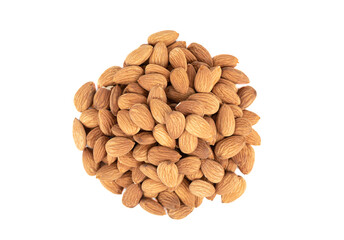 Top view of a bunch of grains of almond nuts on a white background.