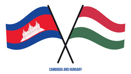 Cambodia and Hungary Flags Crossed And Waving Flat Style. Official Proportion. Correct Colors.