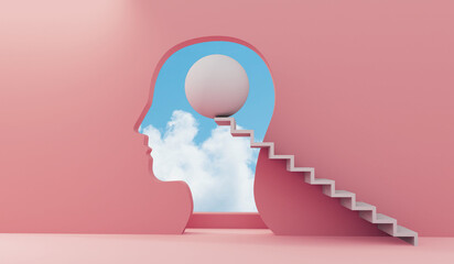 mental health and mindfulness concept. steps leading to a bright sky. 3D Rendering - obrazy, fototapety, plakaty