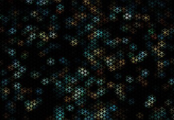 Green yellow blue triangular bokeh grid on black background. Geometric pattern.