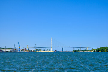 Fototapeta premium Strela Sound and Rügen Bridge, Stralsund, Mecklenburg-Western Pomerania, Germany