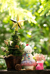 Celebrate christmas and happy new year on nature bokeh background.Handmade snowmans.