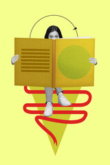 Creative drawing collage picture of little woman reading big interesting book bookworm education...