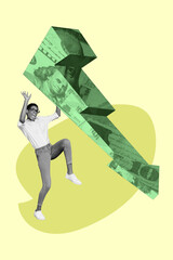 Collage photo of young influencer rich businesswoman hold arrow down decrease graphic bear bitcoin bankruptcy isolated on yellow color background