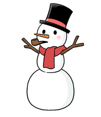 マフラーとシルクハットをかぶり、パイプタバコをくわえる三段重ねの雪だるま