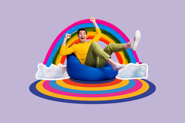 Composite collage image of excited cheerful carefree young man sitting beanbag rainbow painting clouds colorful imagination idea creativity