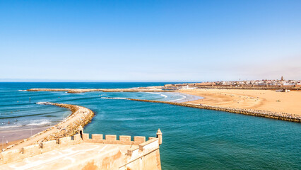 View at the Sale town with beaches from Udayas kasbah in Rabat, Morocco - obrazy, fototapety, plakaty