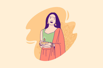 Illustrations beautiful indian woman holding diya lamp for Celebration Diwali Day Design concept