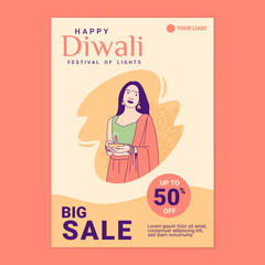 Illustrations Beautiful indian girl holding diya lamp for Celebration Diwali Day Sale poster template