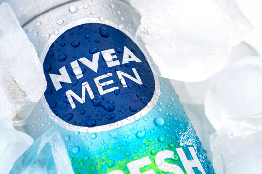 BERlIN - AUG 01: Nivea Men shaving foam in aluminum package with water drops in Berlin, August 01. 2022 in Germany