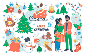 Obraz na płótnie Canvas Merry Christmas concept isolated elements set. Bundle of family celebrating holiday, christmas tree, gifts, snowman, holly, decor garlands, cookies, drink. Illustration in flat cartoon design