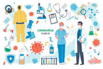 Coronavirus concept isolated elements set. Bundle of covid-19, doctor talking to nurse, medical instruments, protective masks and suits, virus research. Illustration in flat cartoon design