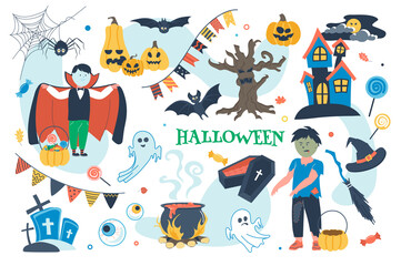 Obraz na płótnie Canvas Halloween concept isolated elements set. Bundle of children in zombie or vampire costumes, scary house, witches cap or bowler hat, sweets, pumpkins, decor. Illustration in flat cartoon design