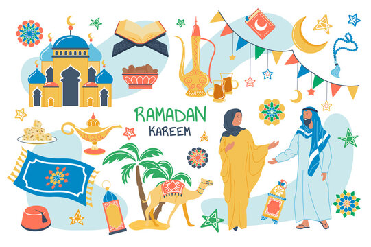 Ramadan Kareem concept isolated elements set. Bundle of muslim couple in traditional dress, mosque, religious book, camel, food, drink, crescent moon, stars. Illustration in flat cartoon design