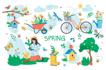 Spring concept isolated elements set. Bundle of woman gardening plants in garden, blooming trees, birds sing, birdhouse, wheelbarrow or bicycle with flowers. Illustration in flat cartoon design