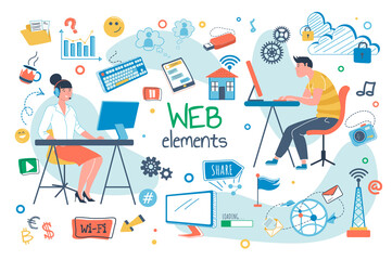Web elements concept isolated set. Bundle of developers work at computers, buttons of wifi, global internet, emoticon, settings, cloud storage and other. Illustration in flat cartoon design