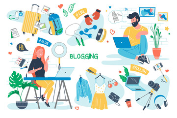 Blogging concept isolated elements set. Bundle of bloggers create content working at laptops, blogs about fashion, beauty, travel, sports, video equipment. Illustration in flat cartoon design