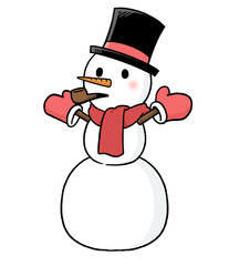 手袋とマフラー、シルクハットをかぶり、パイプタバコをくわえる三段重ねの雪だるま