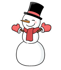 手袋とマフラー、シルクハットをかぶる三段重ねの雪だるま