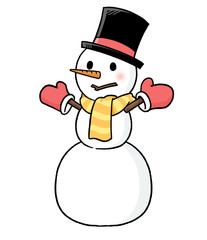 手袋とマフラー、シルクハットをかぶる三段重ねの雪だるま