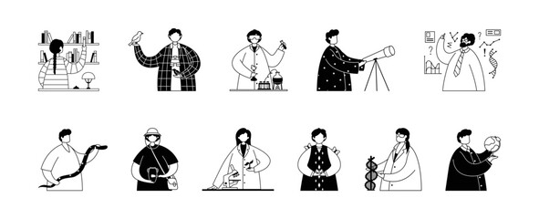 Obraz premium Vector set of illustrations of professional workers in the scientific field. Line art